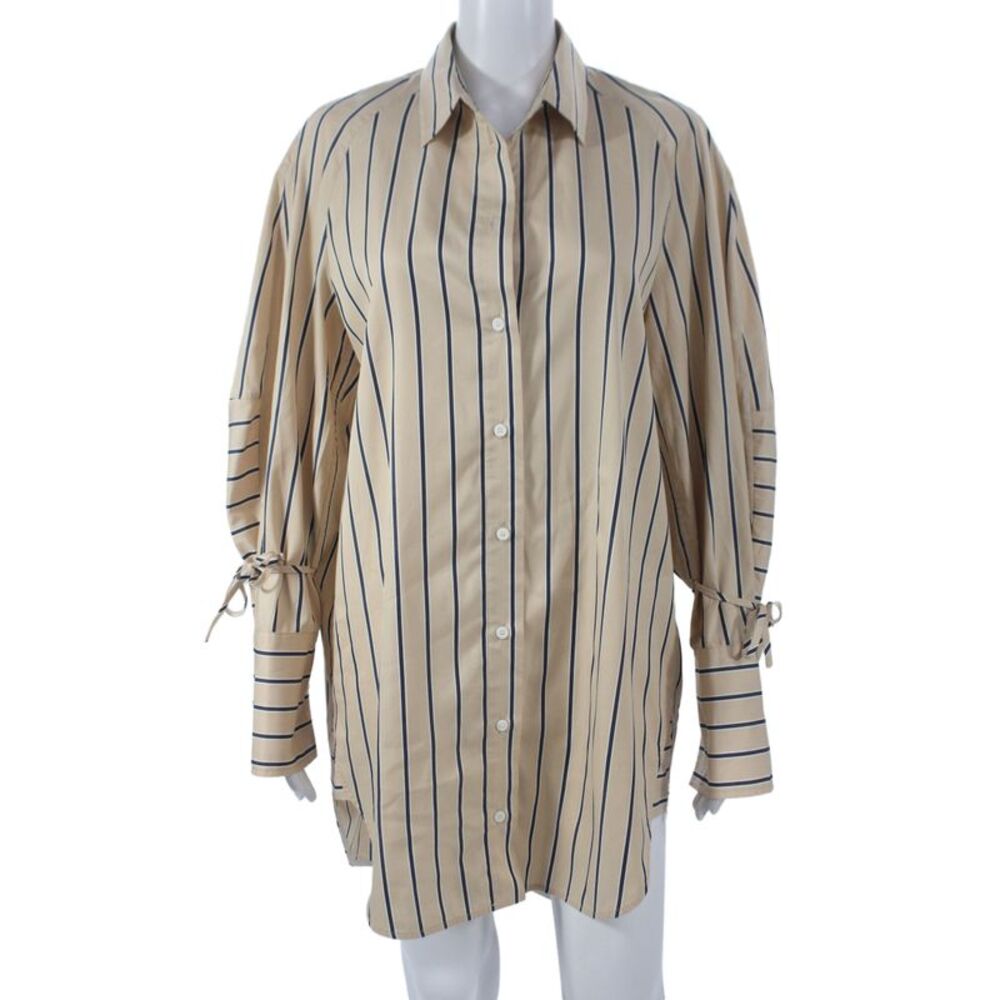 Lee Mathews Womens Collared Striped Tunic Mini Dress Beige Long Sleeve Size 1